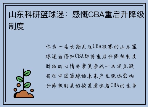 山东科研篮球迷：感慨CBA重启升降级制度
